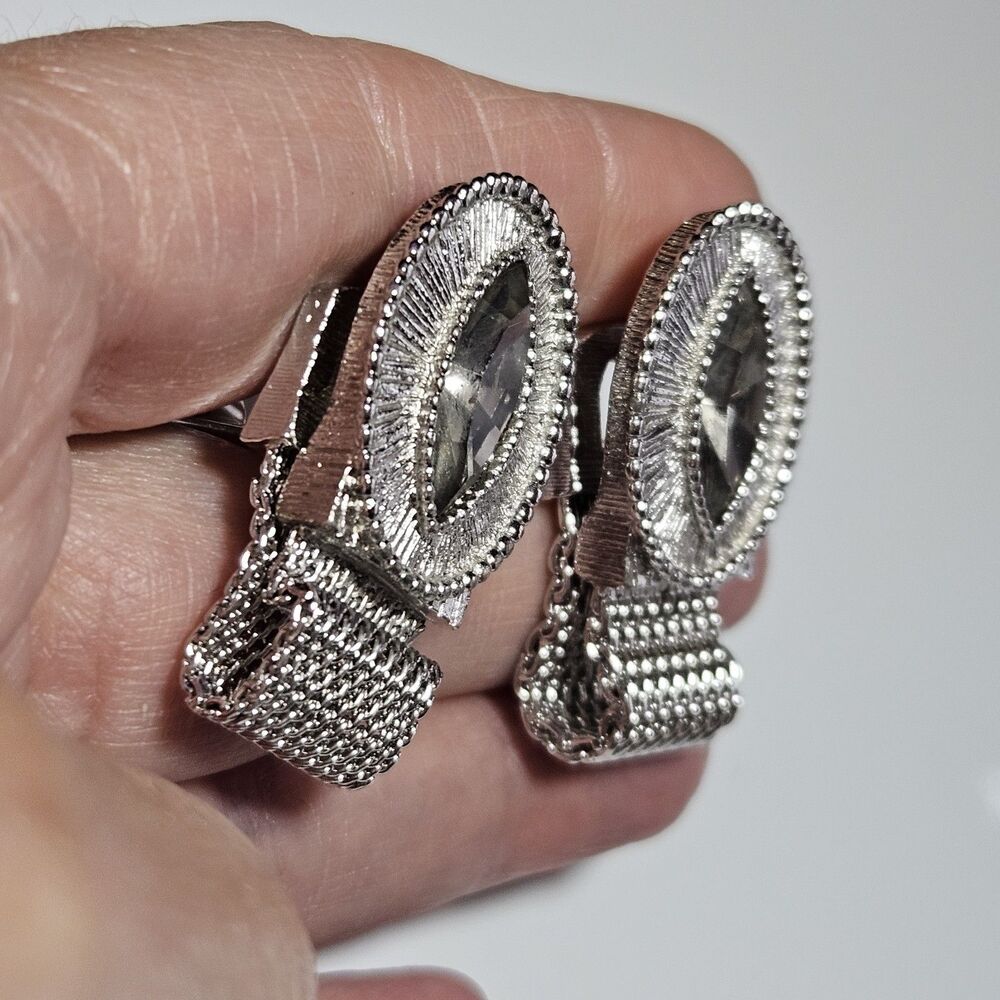 Vintage Swank Clear Marquise Shape Rhine Wrap Around Mesh Silver Tone Cuff Links - Picture 4 of 12